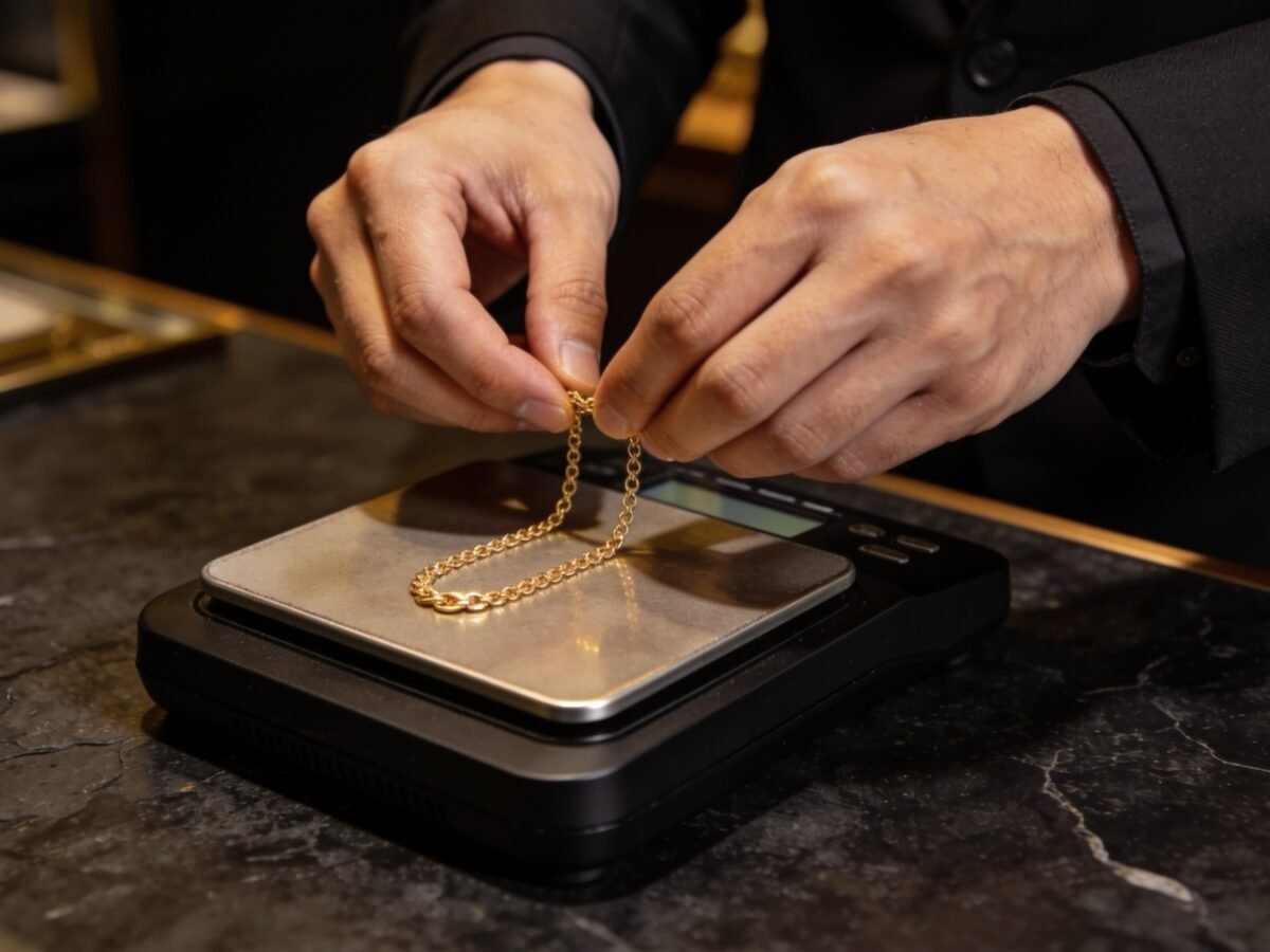 Juwelier plaatst een gouden ketting op de testapparatuur